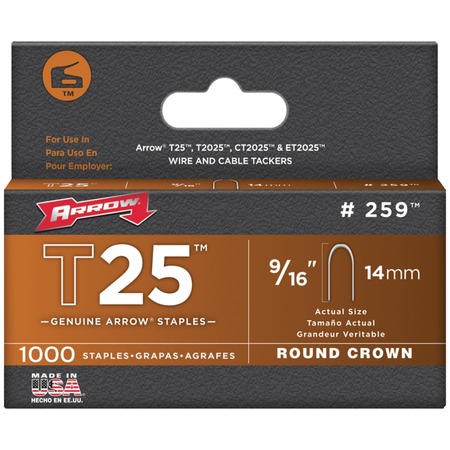 Arrow T25 Round Crown Staples, 1,000-Pack (9/16") 259